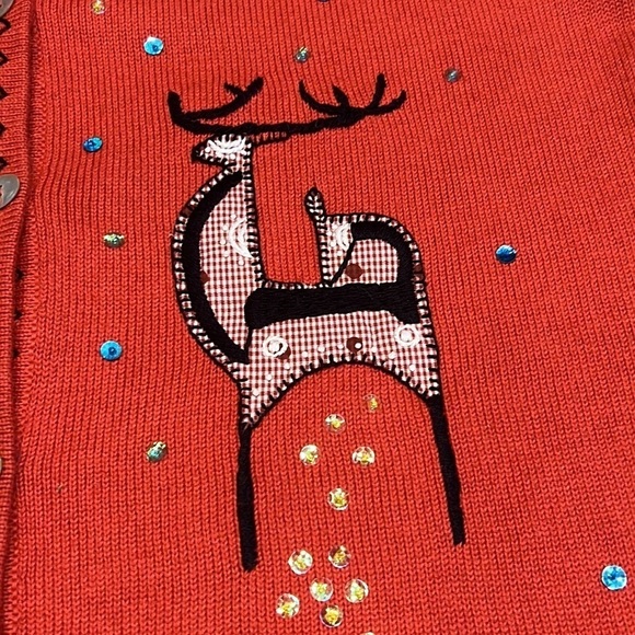 Vintage Great Cavalier Vintage Button deer patchwork knit sweater SZ S Orange - Picture 10 of 10